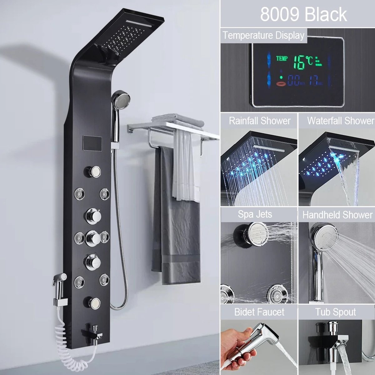 CS® - Douchewand- Douchekolom- Zwart - Douchepanelen- Douche paneel- Douchekolom met thermostaatkraan- Douchepaneel - Douchepaneel met regendouche- Douchepaneel met mengkraan- Led- Digitaal scherm- Massage-