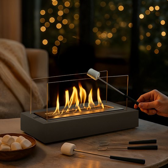 Double T Concept® Juno Antraciet - Brand Tot Wel 150 Minuten - Bio Ethanol Sfeerhaard - Tafelhaard - Vuurkorf - Terrashaard - Verwarming - Natuurlijk Hout - 41x16x21cm