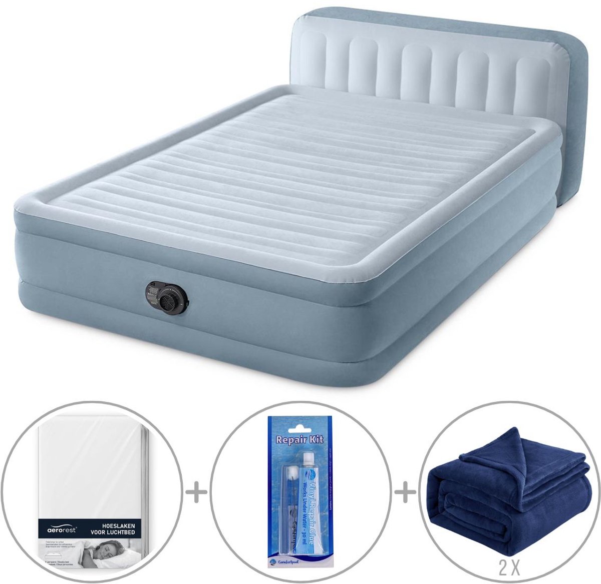 Intex Plush luchtbed met hoofdbord | Tweepersoons | 152 x 236 x 86 cm | Inclusief bijpassend hoeslaken + reparatiekit + twee fleece dekens