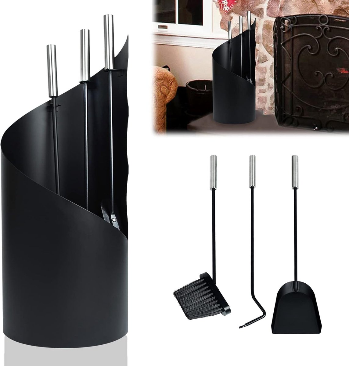 Aufun 5-delige haardaccessoireset, haardgereedschapset van roestvrij staal, haardset met standaard, bezem, tang, pook, asschep voor houtkachel (zwart, type B)