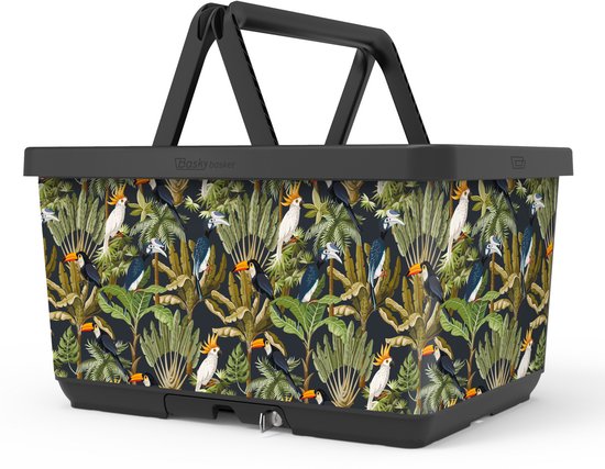 Zwarte mand met tropische print van palmbomen, bladeren, toekans en kaketoes.