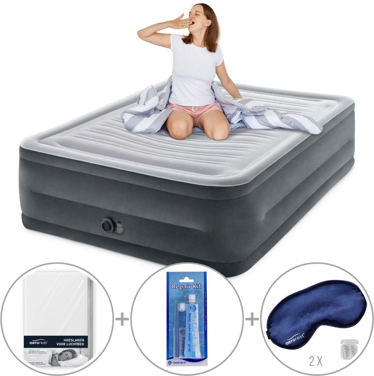 Intex Queen Comfort-Plush Luchtbed met ingebouwde pomp | Tweepersoons | Extra hoog | 203 x 152 x 56 cm | Inclusief bijpassend hoeslaken + reparatiekit + twee slaapmaskers