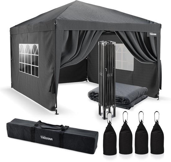 Set de réception Tristar 3 x 4 m - PT-7804 + PT-7805 - Montage facile - Avec parois latérales - Étanche - Sac de transport inclus - Pavillon - Pliable - Anthracite