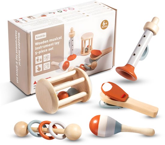 Foto: Kindelis houten muziekinstrumenten set 5 delig speelgoed vanaf 6 maanden educatief baby speelgoed rammelaars muziekset veilig duurzaam hout cadeau