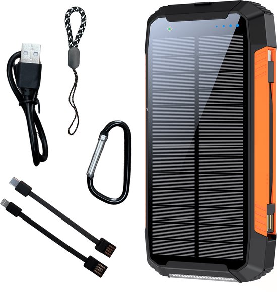 SimpSune - Solar Powerbank - 41000mAh - Ingebouwde Kabels - Powerbank Zonneenergie - Grote capaciteit - Solar Charger - Wireless charger - Draadloos - Powerbank Iphone - Samsung - USB C - Zaklamp - Noodpakket - Snellader - Meerdere Apparaten