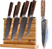 Ferberzi Messenset Lichtbruin 7 Delig Met Magnetische Messenhouder - Professionele Japanse Messen - Keukenmessen - Messenblok - Messensets - Koksmessen