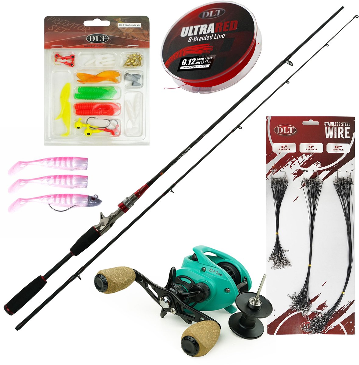 Eurocatch Baitcaster set Deluxe - Baitcasterhengel & Baitcasterreel - Gevlochten lijn - Sofbait kit - Staaldraadjes