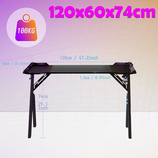 Aufun Bureau Gaming 120x60 Cm Type B - Structure Carbone Robuste, Porte-Gobelet & Crochet Casque (sans LED)