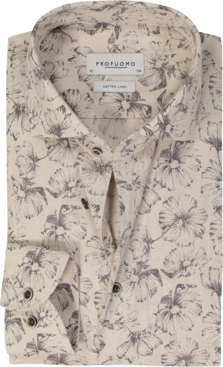 Profuomo Overhemd Bloemenprint Beige - Maat 39 - Heren - Overhemden Casual