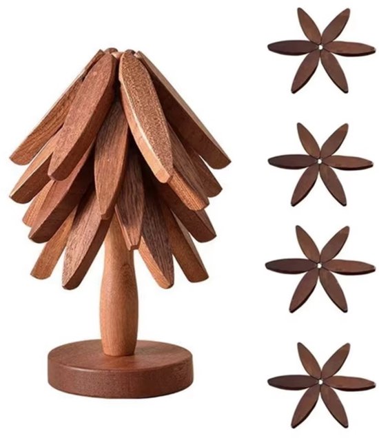 DWIH - Houten Pannenonderzetter - set van 4 stuks - Walnoot - Boomvormig