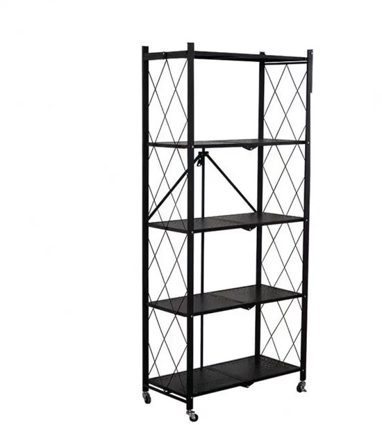 FOXSPORT Inklapbare plank kast - Stellingkast Met 360° wielen - 5 laags 72x37x163CM - Open Vakkenkast - Wandkast - Keuken Organizer - Keuken Opslag - Boekenkast - Opbergrek Magnetron - Keukenrek - Roestvrij Staal