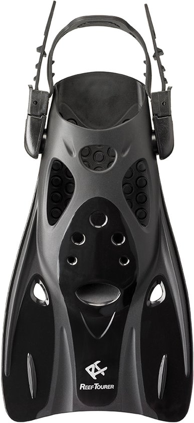 Palme de plongée noire unique avec sangle réglable et logo ReefTourer.