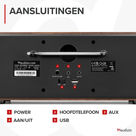 Internetradio - Audizio Foza digitale radio met Bluetooth - DAB radio en FM radio in één - Houtlook