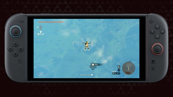 Link valt door de lucht, zichtbaar op een Nintendo Switch-scherm, met een blauw, wolkachtig landschap.