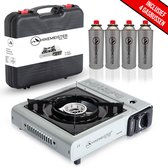 Hikemeister ® camping kooktoestel 1 pit 2200 KW draagbaar - Grijs – Inclusief 4 gasbussen - met Nederlandse beschrijving en CE – Butaangas Gasstel Gasfornuis Gaspit - Campingkooktoestel Gas Kookplaat - Met Koffer
