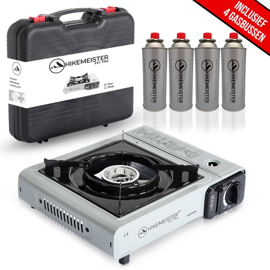 Hikemeister ® camping kooktoestel 1 pit 2200 KW draagbaar – Grijs – Inclusief 4 gasbussen – met Nederlandse beschrijving en CE – Butaangas Gasstel Gasfornuis Gaspit – Campingkooktoestel Gas Kookplaat – Met Koffer