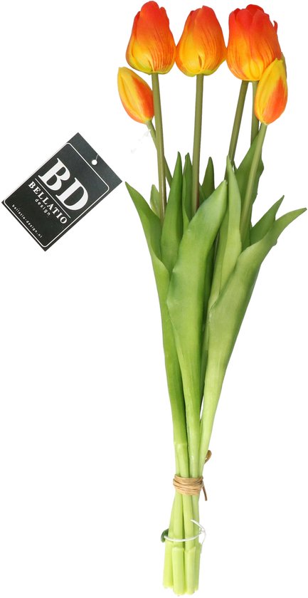 Bouquet de tulipes artificielles Bellatio Design Sally - 7 pièces - orange - toucher réel - 47 cm