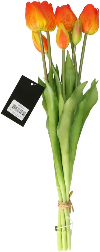 Bouquet de tulipes artificielles Bellatio Design Sally - 7 pièces - orange - toucher réel - 47 cm