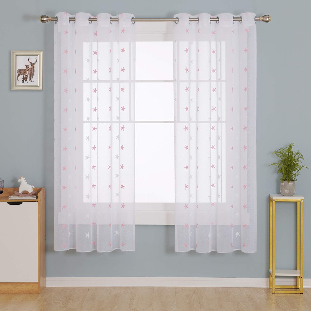 Unyqoos ® Transparante Voilegordijnen met Geborduurde Sterren en Stippen in Zachtroze, Set van 2, 175x140 cm