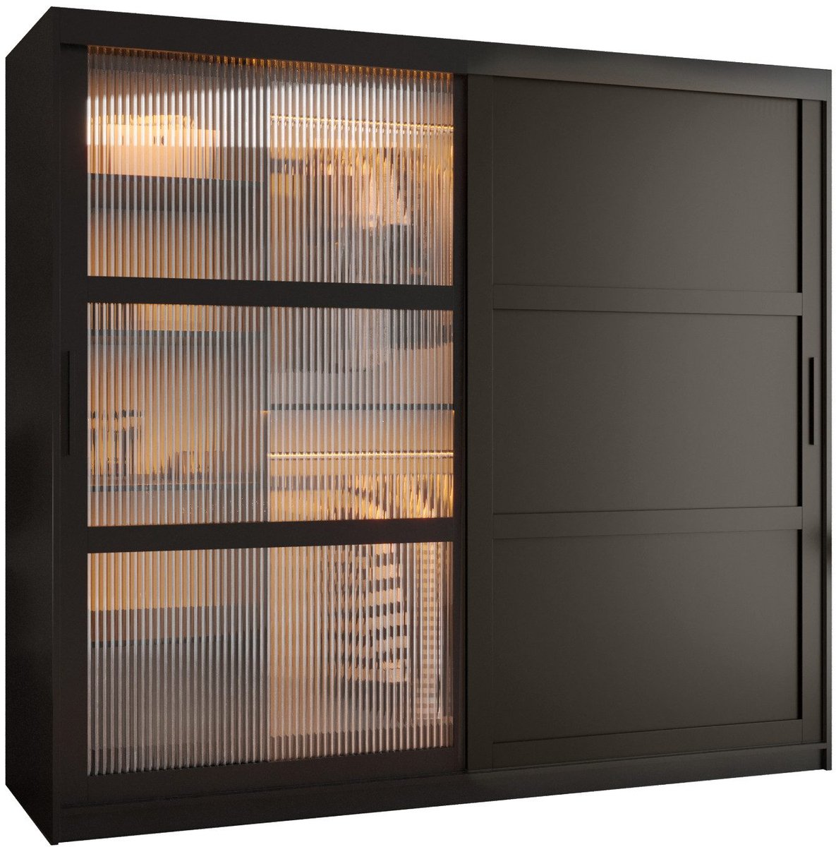 Zweefdeurkast Kledingkast met 2 schuifdeuren glanzen slaapkamerkast Kledingstang met planken Garderobekast met geribbeld glas - ARTON 3 (200 cm, Zwart)
