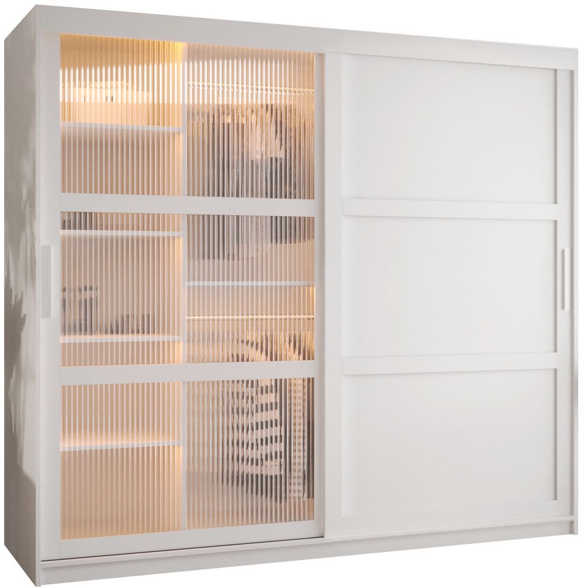 AJE Meubles B.V. Zweefdeurkast Kledingkast met 2 schuifdeuren glanzen slaapkamerkast Kledingstang met planken Garderobekast met geribbeld glas - ARTON 3 (200 cm, Wit)