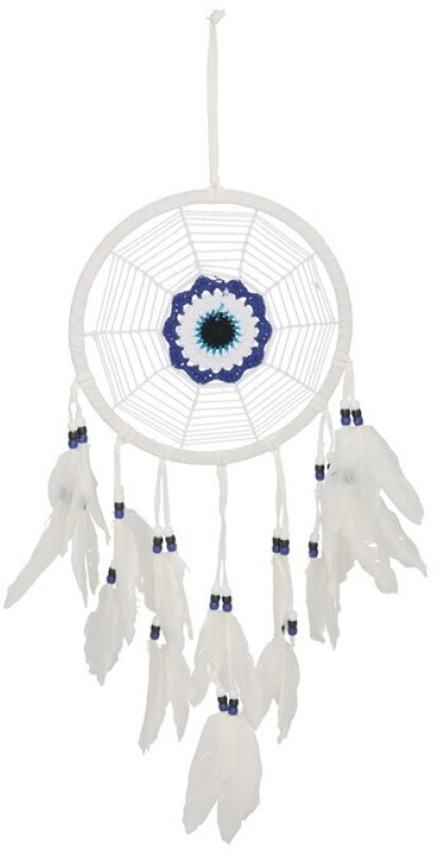 Gerimport Dromenvanger/dreamcatcher - mobiel - wit - veertjes/kraaltjes - 22 cm