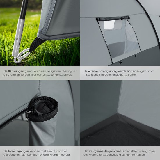 tectake® - Tunneltent voor 6 personen - Familietent op stahoogte - Voortent - Campingtent grote slaapcabine met grondzeil - 4 ramen, waterafstotend, 480 x 350 x 195 cm, donkergrijs/lichtgrijs
