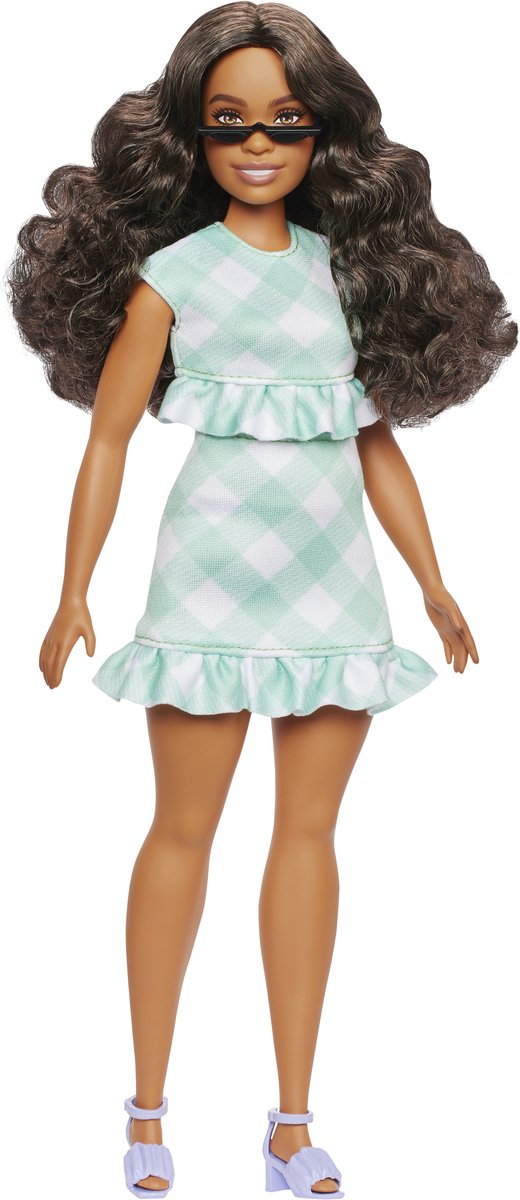 Barbie Pop - Pop met Donkerbruin haar en groen geruit jurkje - Modepop — afbeelding 3