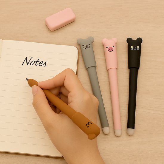 Stylos effaçables animaux – Set de 4 stylos effaçables animaux – Stylos à bille avec Gum – 14 cm – Ours, chat, cochon et chien - Stylos effaçables