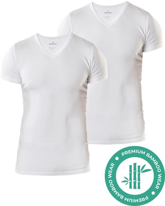 T-shirt en Bamboe SQQUADD® pour homme - Coupe ajustée - Col en V- Taille L - Lot de 2 - Doux et respirant - T-shirt anti-transpiration - Maillot de corps pour homme - Wit