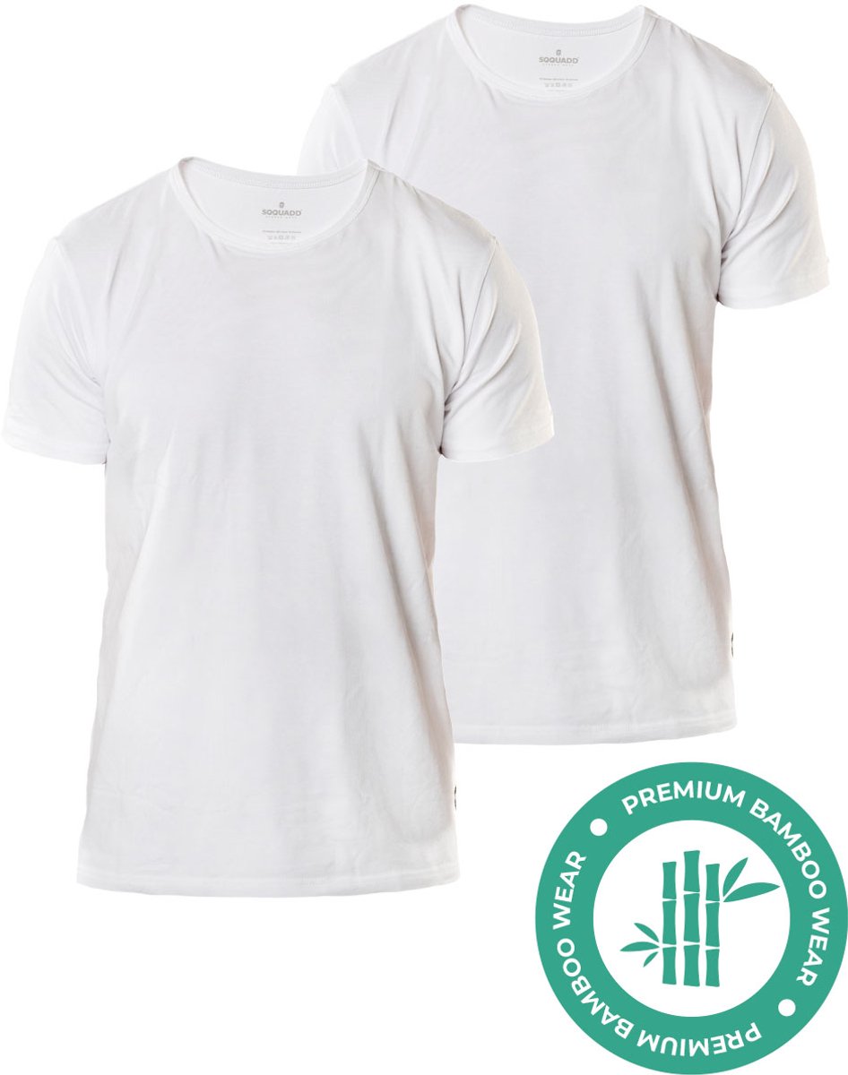 SQQUADD® Bamboe T-Shirt Heren - Regular fit - Ronde hals - Maat S - 2-pack - Zijdezacht en Ademend - Anti Zweet T-Shirt - Ondershirt Heren - Wit