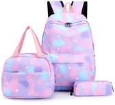 Ultiluxe® Rugzak, lunchtas, etui - Paars/roze - 3 stuks tassen set - Rugtas voor kinderen - 41 x 26 x 12 cm - Schooltas, schoolrugzak, 15.6 inch laptoptas - Meiden schoolrugtas met print - 13 L - Meisjes tas met laptopvak - Laptop - Schoolset
