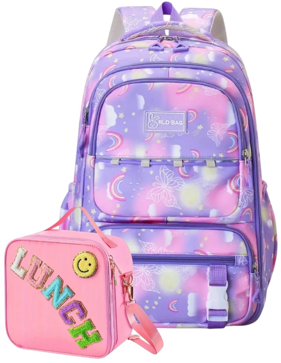 Ultiluxe® Schooltas en lunchtas - Paars/roze - 2 stuks - Rugzak voor kinderen - Schoolrugzak, schoolrugtas, 15.6 inch laptoptas - Meisjes tas met laptopvak - 2-delige tassenset voor meiden - Rugzak, schoolset, rugtas, crossbody tas