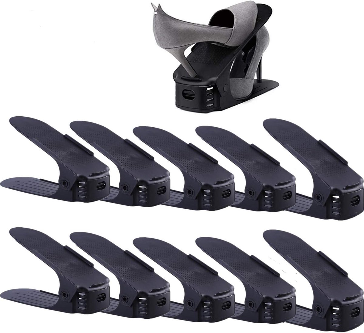 Aufun Verstelbaar Schoenenrek 10-Delige Schoenstapel/Schoenrek Set, 3 Hoogteverstellingen, Ruimtebesparend, Anti-slip Plastic - Zwart