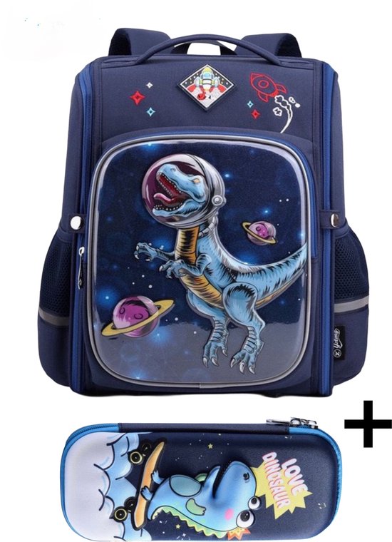 Cliste Schooltas Dinosaurus 3D Print met gratis dinosaur Etui - Jongen - Rugzak Jongens, Rugtas Kind, Schooltas Jongen, Schooltassen Kids, Schoolrugzak - Back to School - Blauw