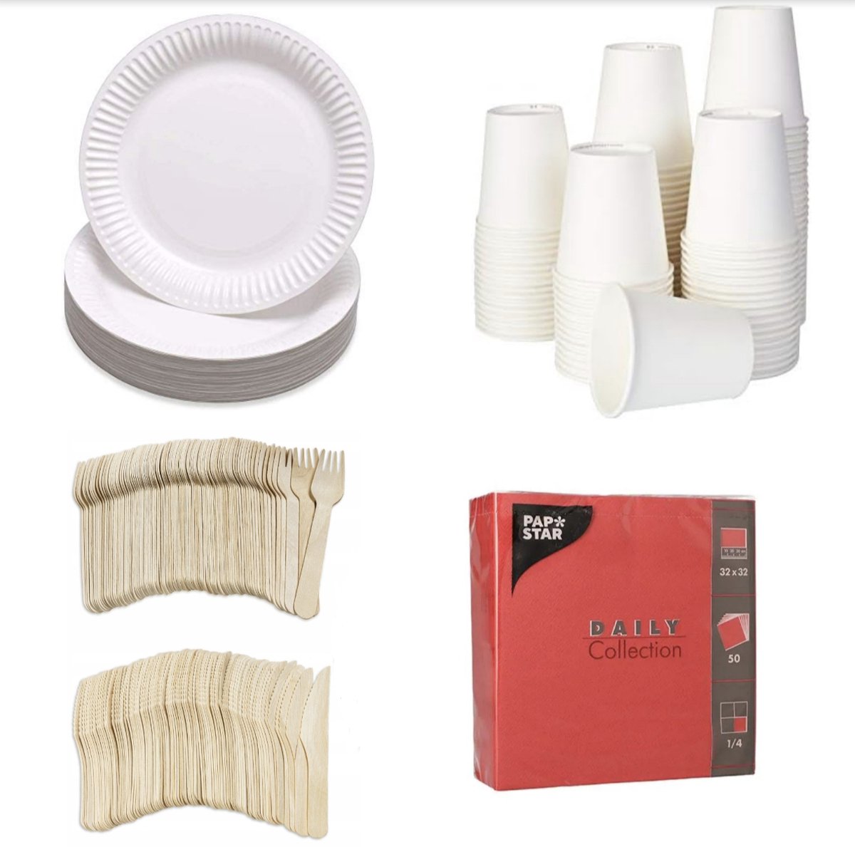 Image of 250 stuks x Houten wegwerp bestek set eco/milieubewust – 50 witte kartonnen borden 23cm + 50 kartonnen bekers 240ml+ 50 Vorken 16cm + 50 messen 16cm+ 50 servetten rood 32x32cm Feest/verjaardag/BBQ picknick