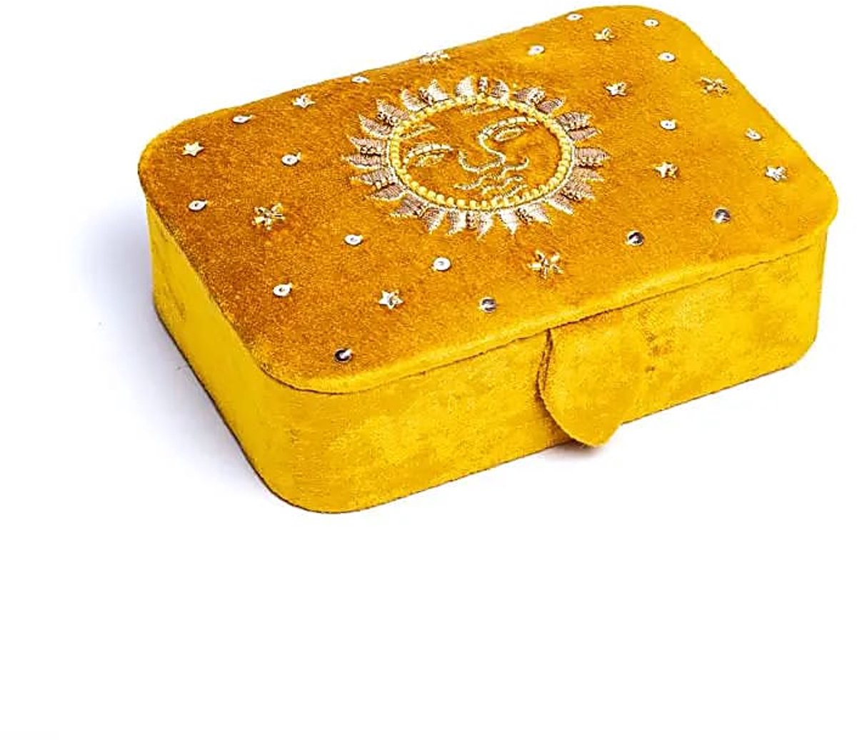 Sieraden / tarotdoos fluweel geel met zon