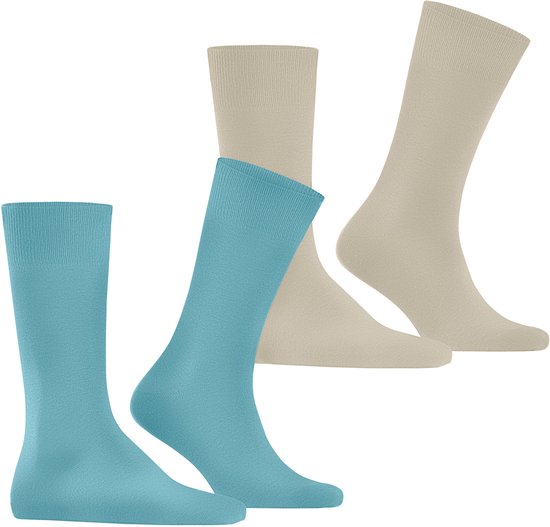 Twee paar Burlington sokken. Eén paar is hemelsblauw, het andere paar is beige.