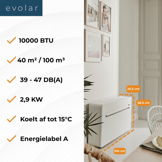 Evolar Monoblock Airco - Zonder buitenunit - met Luchtonvochtiger - 4-in-1 - 10000 BTU - WiFi - Zelf Installeren - EVO-M1000CH