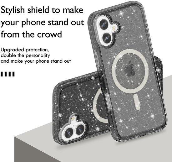 Coque IYUPP pour iPhone 16, Glitter MagSafe, antichoc, Zwart et transparente
