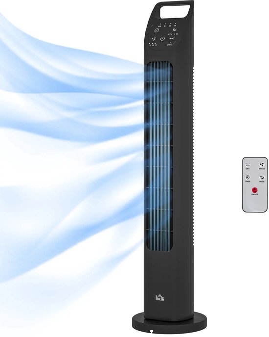 Torenventilator 78 cm zwart met 3 snelheden, 3 standen, timer, afstandsbediening en 75° oscillatie