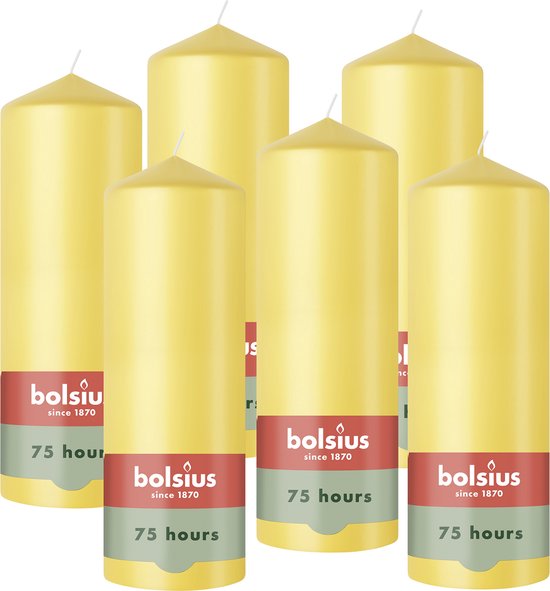 Bolsius - Bougies cylindriques lisses - 6 pièces - Jaune - 20 cm - 75 heures de combustion