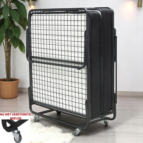 Plooibed / Vouwbed - Vino - 90x200 - Zwart - 15cm dik pocketvering matras - incl. Beschermhoes - Dagelijks te gebruiken