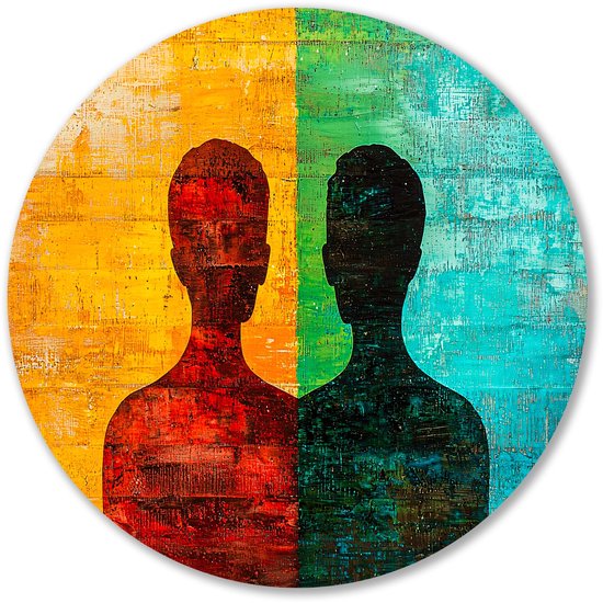 Kleurrijke silhouetten op abstracte achtergrond - Silhouet wanddecoratie rond - Wandbord figuren - Abstract expressionisme - Design muurcirkel - Woonaccessoires - muurcirkel aluminium 80x80 cm