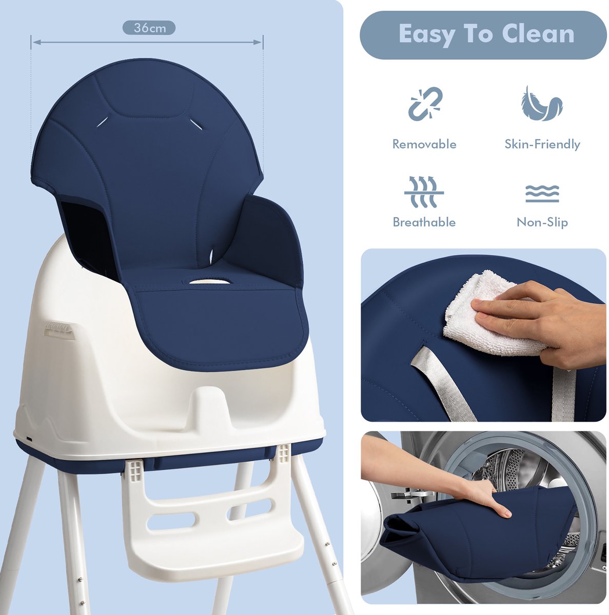NAIZY Kinderstoel Babystoel 3-in-1 Multifunctionele Eetkamerstoel met 5-punts veiligheidsgordel, Dubbel Blad en Afneembaar Kussen, Blauw thumbnail 3