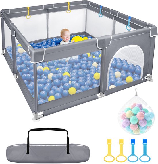 NAIZY Babyloophek XXL Loophek Grijs Afscheidingshek met antislip basis en ademend net voor kinderen, voor binnen en buiten (200 x 180 x 68 cm