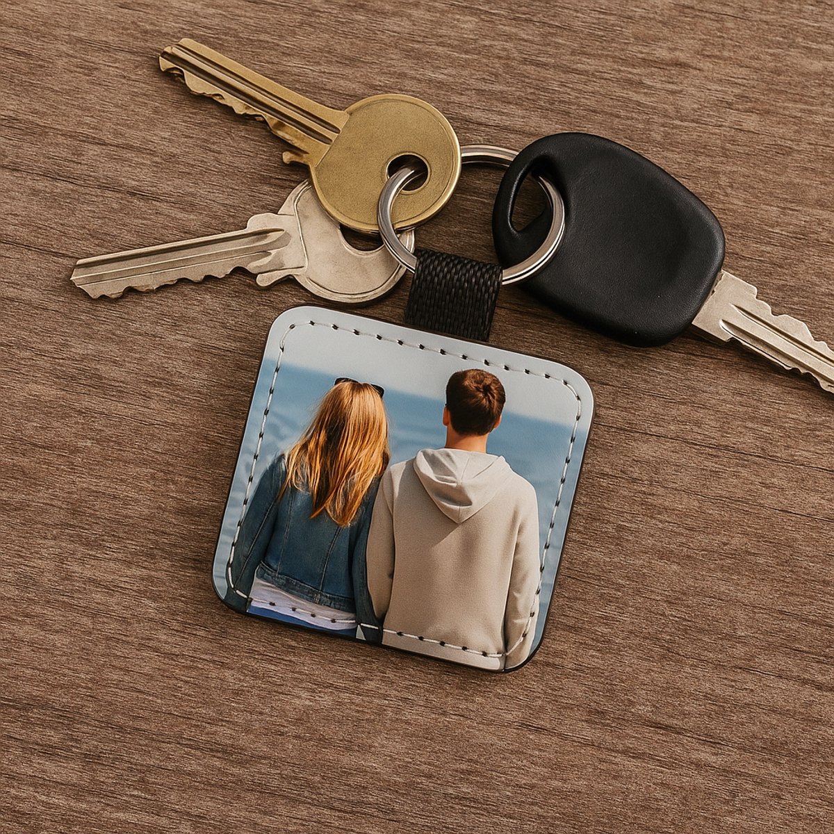 Foto Sleutelhanger Vierkant - PU Leer - Personalisatie met Foto of Tekst - Luxe en Duurzaam - Perfect Cadeau - Vaderdag - Moederdag - Valentijn