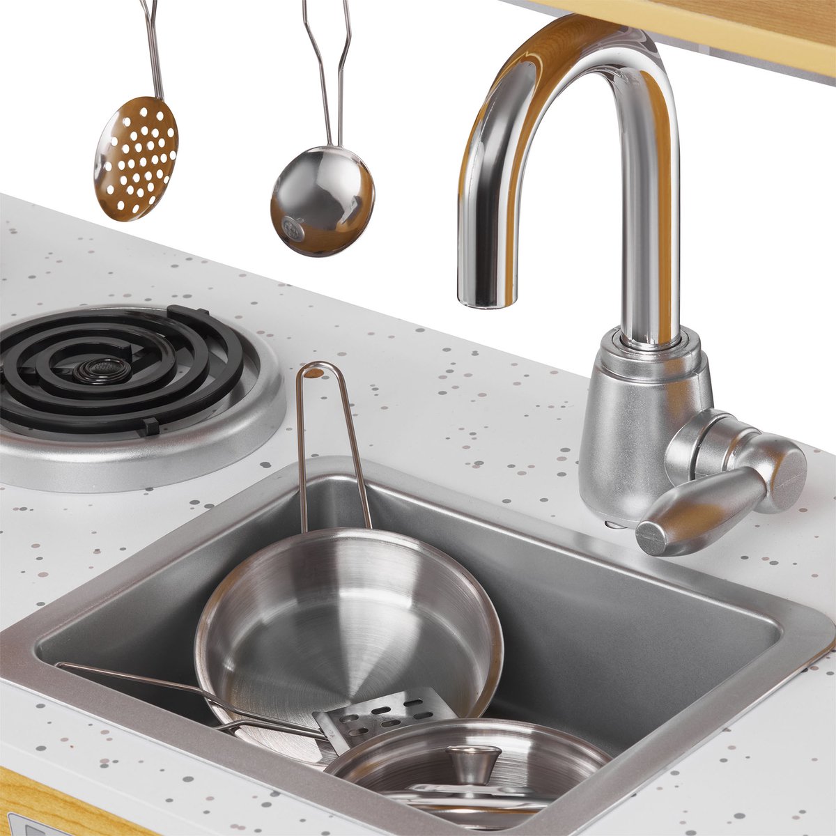 Mamabrum Houten Speelgoedkeuken XL - Kinderkeuken met accessoires - Speelgoed keuken incl pannenset, keukengerei, keukenschort, keukenset - Speelkeukentje voor kinderen vanaf 3 jaar — afbeelding 18