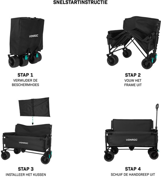 VONROC Bolderkar - Met zitfunctie - Opvouwbaar - 120 kg draagvermogen - 115l inhoud - Massieve anti-lek wielen - Stevig stalen frame - Polyester 600D - Zwart van VONROC — afbeelding 5