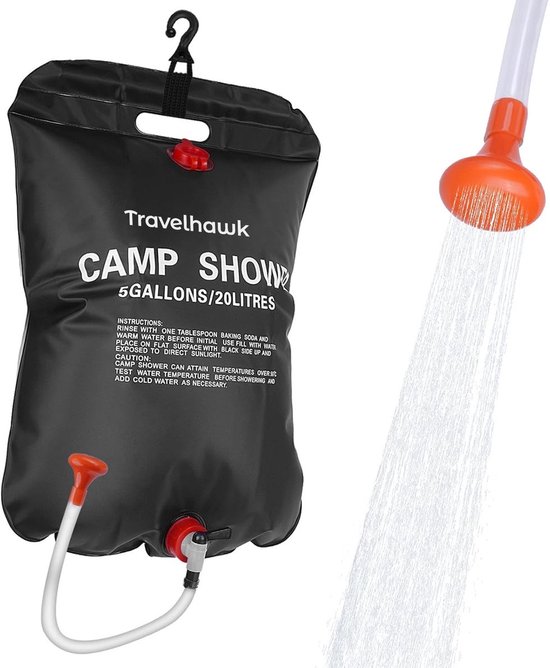 Travelhawk Campingdouche - 20 Liter - Douchezak - Buitendouche Camping - Camping Douche - Opvouwbaar - Voor op Reis & Camping - Zwart